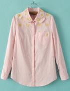 Romwe Embroidered Lapel Loose Pink Blouse