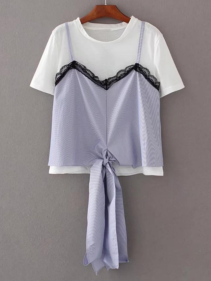 Romwe Contrast Lace Knot Front 2 In 1 Tee
