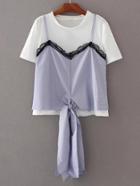 Romwe Contrast Lace Knot Front 2 In 1 Tee