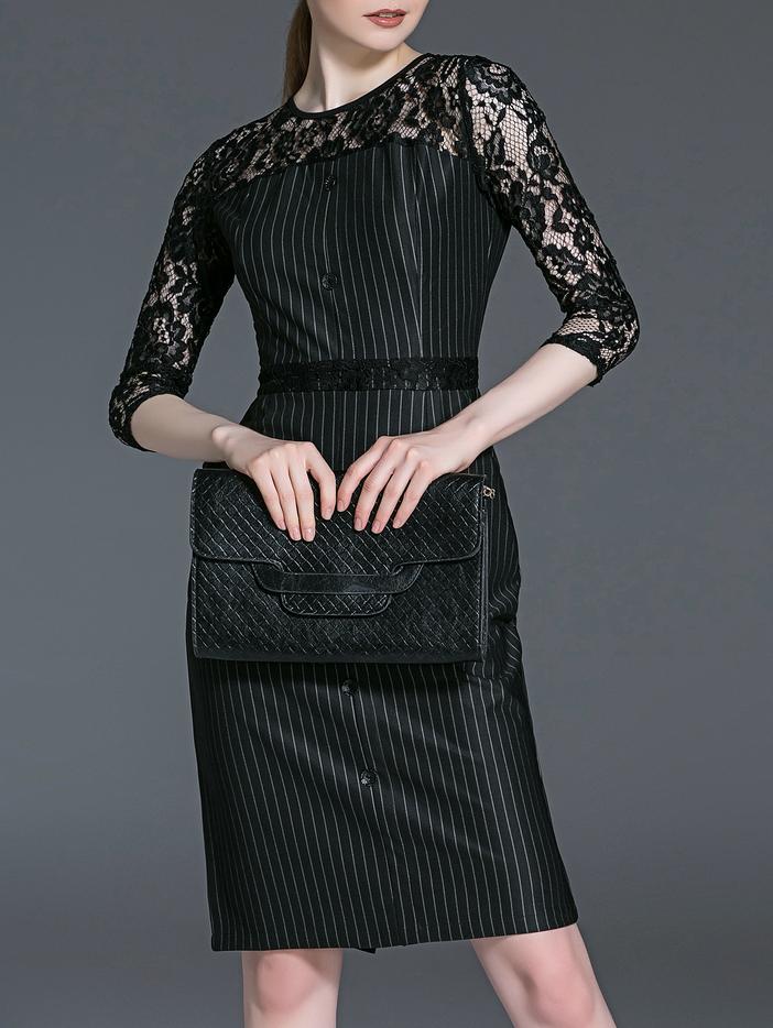Romwe Black White Striped Contrast Lace Sheath Dress