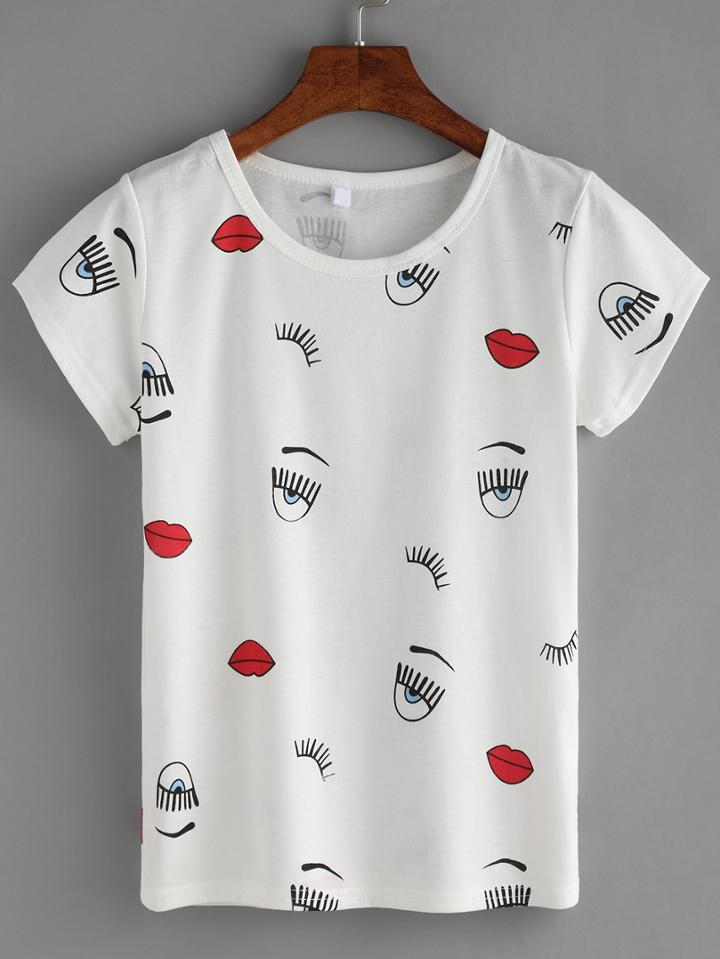 Romwe Lips & Eyes Print T-shirt