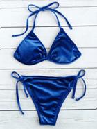 Romwe Blue Bow Tie Velvet Triangle Bikini Set
