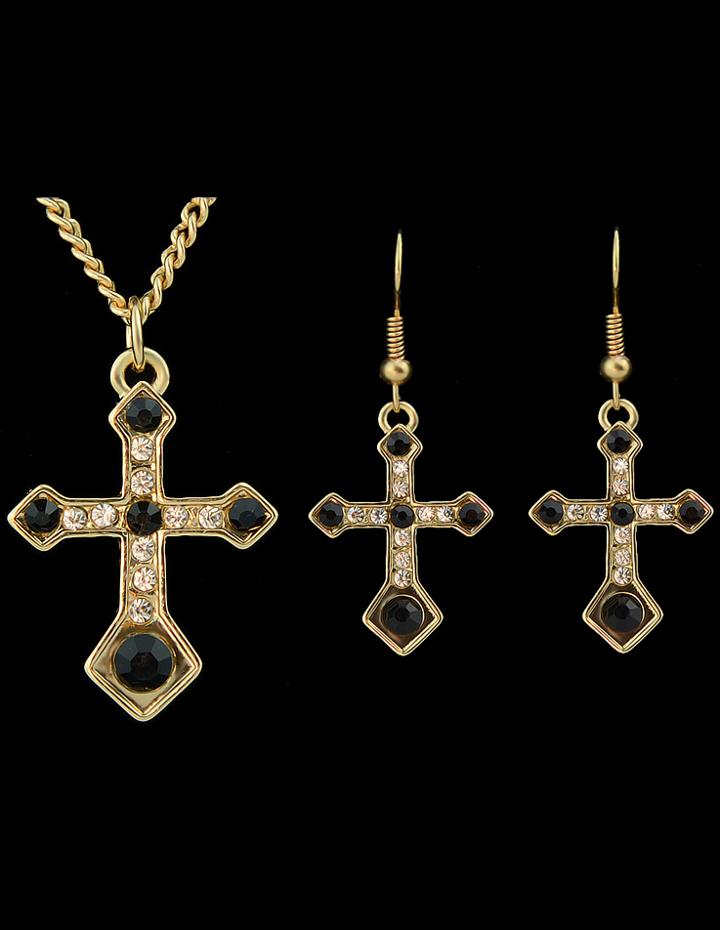 Romwe Black Diamond Gold Cross Necklace With Earrings