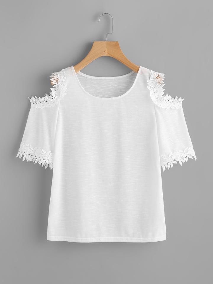 Romwe Crochet Lace Trim Open Shoulder Tee
