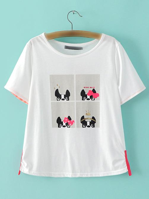 Romwe White Round Neck Dog Printed T-shirt