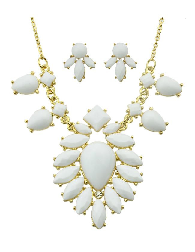 Romwe White Imitation Gemstone Statement Necklace Earrings Costume Jewelry Set