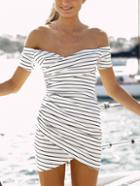 Romwe Striped Off-the-shoulder Draped Dress