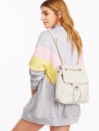 Romwe White Pu Quilted Flap Drawstring Backpack