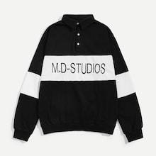 Romwe Men Letter Embroidery Button Placket Sweatshirt