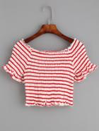 Romwe Red Striped Ruffled Smocked Crop Top