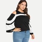 Romwe Plus Cold Shoulder Striped Tee