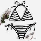 Romwe Striped Halter Top With Tie Side Bikini Set