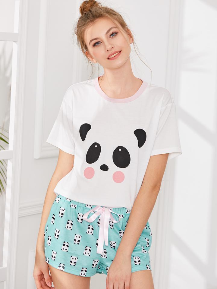 Romwe Panda Print Top And Shorts Pj Set