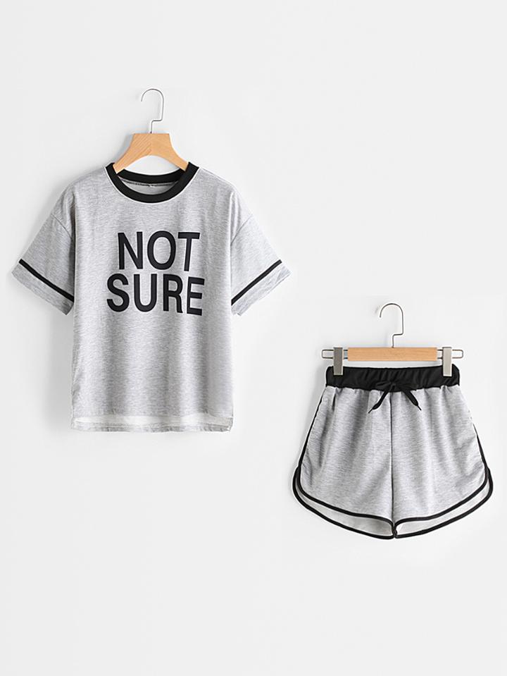 Romwe Slogan Print Dip Hem Ringer Tee And Shorts Set