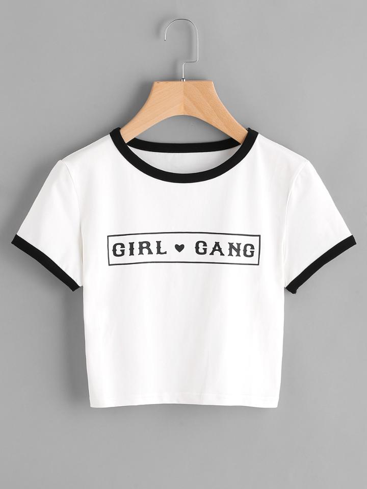 Romwe Slogan Print Crop Ringer Tee