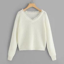 Romwe Contrast Lace V Neck Jumper