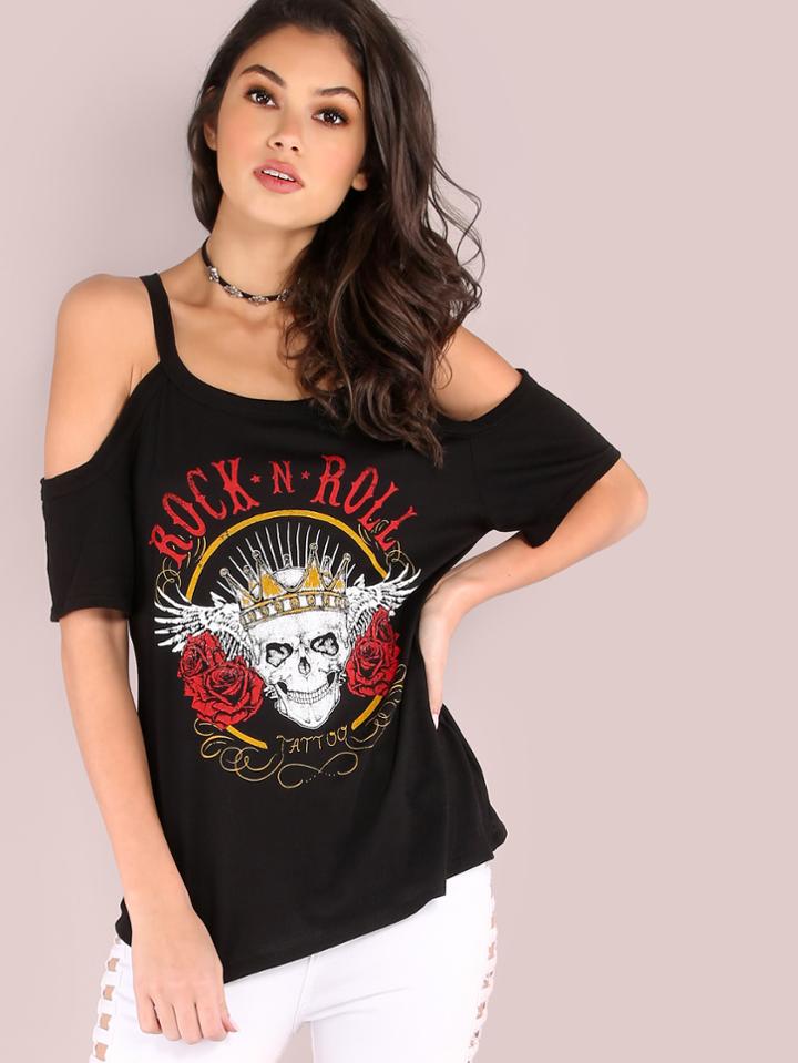 Romwe Cold Shoulder Rock N Roll Skull Graphic T-shirt Black