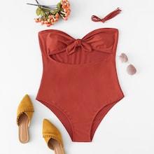 Romwe Plus Knot Front Cut-out Swimsuit