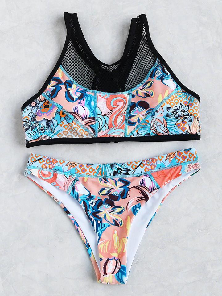 Romwe Mixed Print Net Design Bikini Set