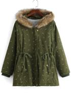 Romwe Hooded Drawstring Leaves Print Pockets Army Green Coat