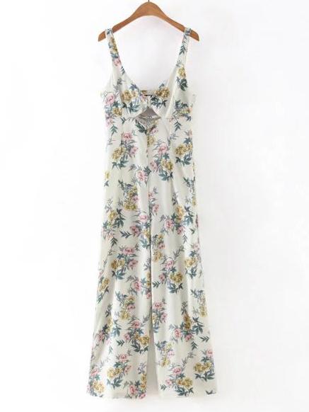 Romwe Beige V Neck Floral Cutout Siamese Trousers