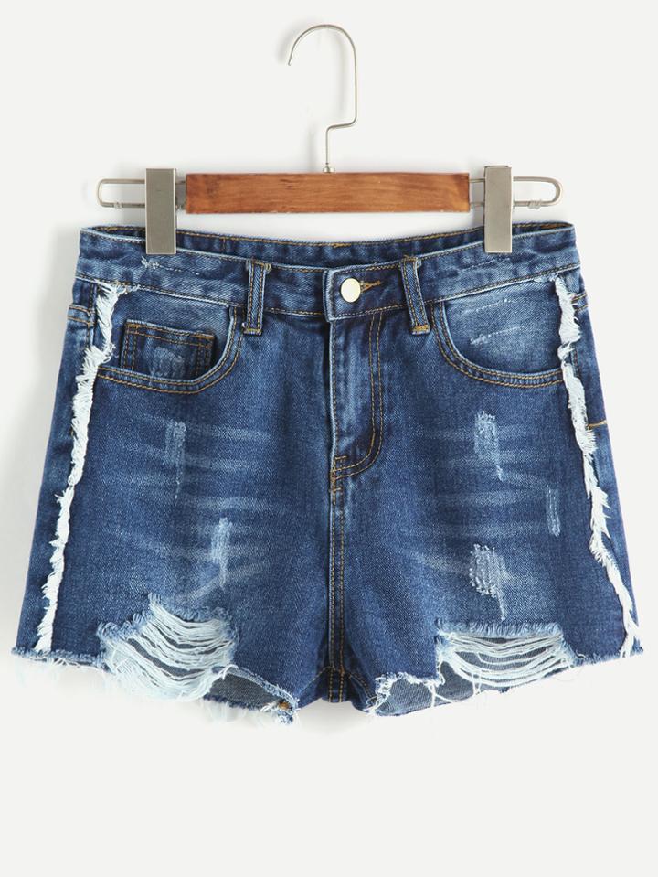 Romwe Dark Blue Ripped Bleached Raw Hem Denim Shorts