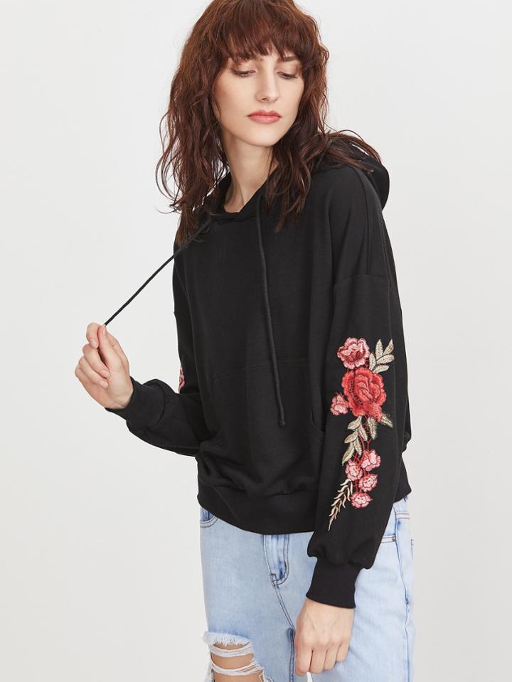 Romwe Black Drop Shoulder Embroidered Flower Applique Hoodie