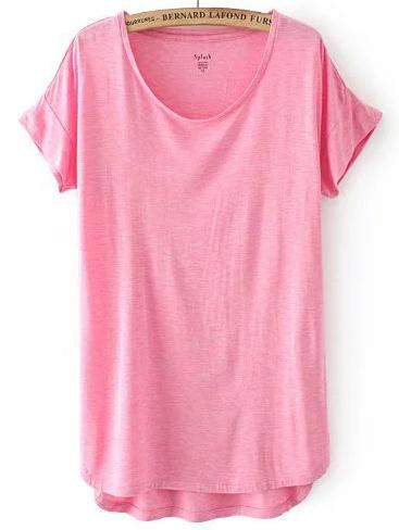 Romwe Pink Short Sleeve High Low T-shirt