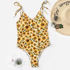 Romwe Random Self Tie Shoulder Sunflower One Piece Swimsuit