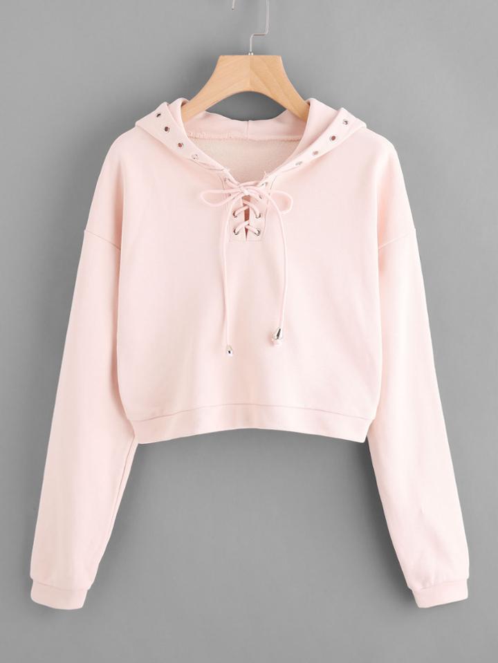 Romwe Grommet Lace Up Drop Shoulder Crop Hoodie