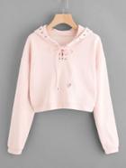 Romwe Grommet Lace Up Drop Shoulder Crop Hoodie