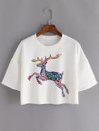 Romwe Deer Print Crop White T-shirt