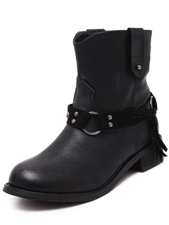 Romwe Black Round Toe Tassel Studded Boots