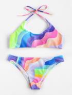 Romwe Rainbow Print Halter Bikini Set