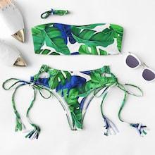 Romwe Random Leaf Print Tie Side Bandeau Bikini Set