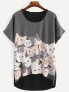 Romwe Contrast Cat Print High Low T-shirt