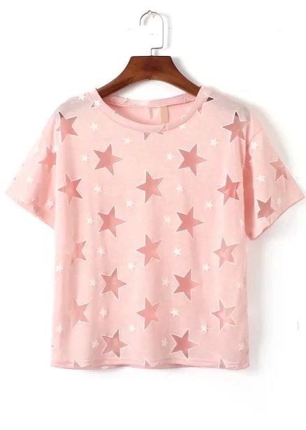 Romwe With Mesh Star Print Hollow Pink T-shirt