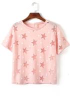 Romwe With Mesh Star Print Hollow Pink T-shirt
