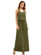Romwe Army Green Self-tie Waist Sleeveless Maxi Dress