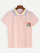 Romwe Pink Striped Collar Rainbow Patch Polo Shirt