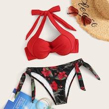 Romwe Twist Underwired Top With Random Floral Tie Side Bikini