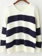Romwe V Neck Striped Navy White Sweater