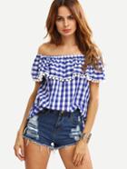 Romwe Pom-pom Ruffled Off-the-shoulder Blue Checkerboard Top