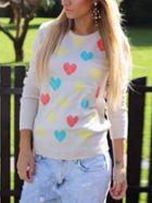 Romwe Beige Crew Neck Heart Shaped Print Sweater
