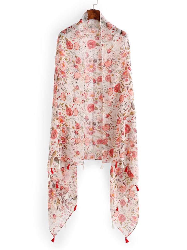 Romwe Calico Print Lightweight Scarf With Tassel
