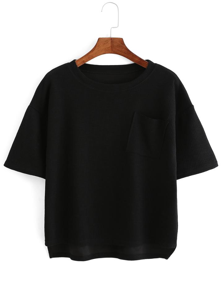 Romwe Dip Hem Split Ribbed Black T-shirt