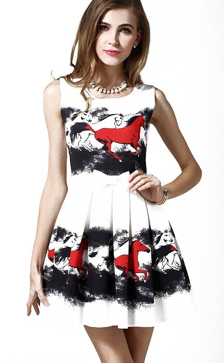 Romwe Red Horses Print Pleated Dress
