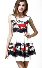 Romwe Red Horses Print Pleated Dress