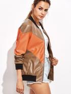 Romwe Color Block Faux Leather Cut And Sew Bomber Jacket