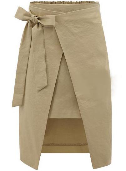Romwe Bow Slim Split Khaki Skirt